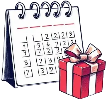 Image of a pencil-drawn calendar and a gift box near it