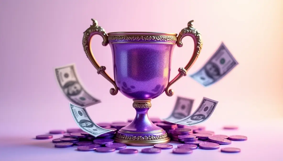 Icon featuring purple cup with cash and coins around it