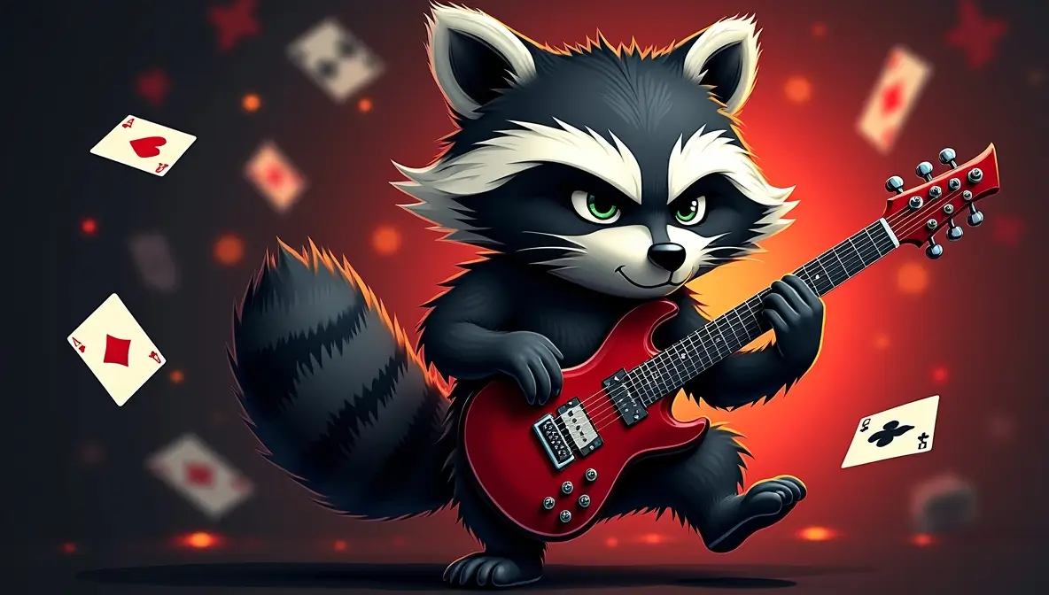 Icon with an animated raccoon playing a red guitar